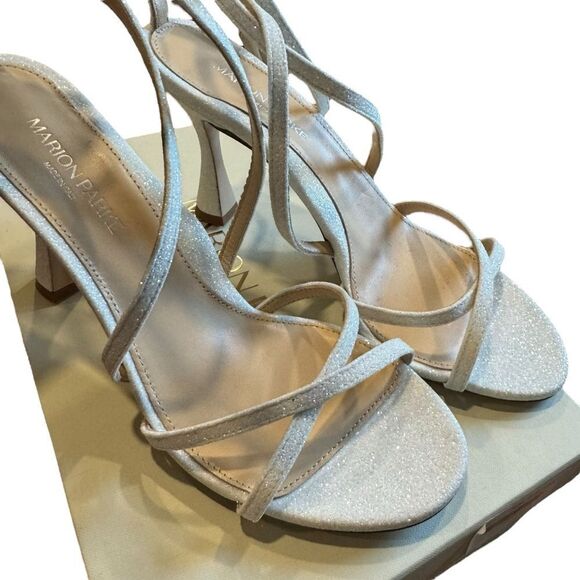 Revolve Marion Parke Lottie Glitter Strappy Flared Stiletto Sandals in Chalk 40 - Picture 8 of 12